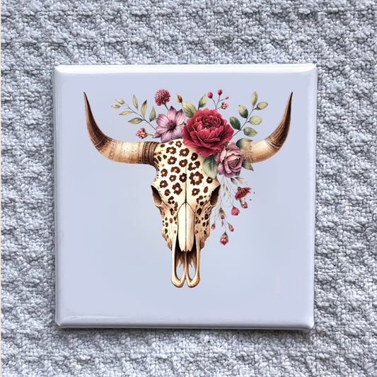 Western Floral Cow Skull Magnet – Boho Rustic Décor